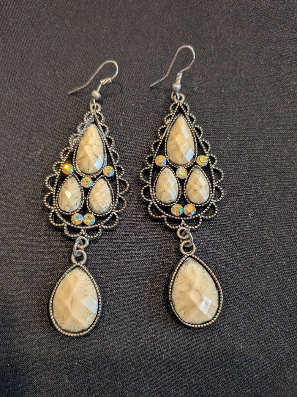 B#2: Cream Teardrop Dangle Earrings with A B Rhinestones - Women Jewelry